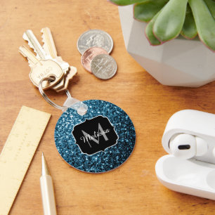 Baby light blue faux glitter sparkles Monogram Key Ring