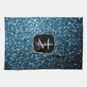 Baby light blue faux glitter sparkles Monogram Tea Towel