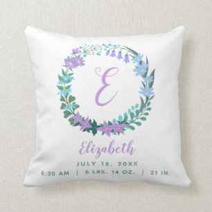 Baby Lilac Blue Green Birth Stats Floral Wreath Cushion