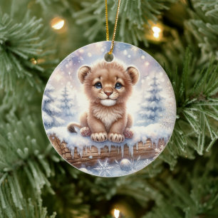 Baby Lion in Winter Magic Ceramic Ornament