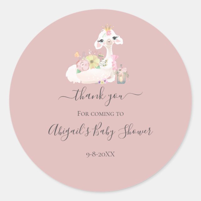 Baby Llama Flowers White Pink Girl Baby Shower Classic Round Sticker (Front)