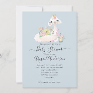 Baby Llama with Flowers White and Blue Baby Boy  Invitation