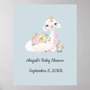 Baby Llama with Flowers White and Blue Baby Boy Poster