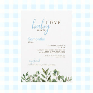 Baby Love Botanical Icy Blue Baby Boy Shower Invitation