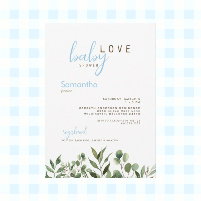 Baby Love Botanical Icy Blue Baby Boy Shower Invitation (Creator Uploaded)