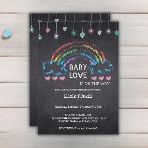 Baby Love Chalkboard Hearts & Rainbow Baby Shower Invitation