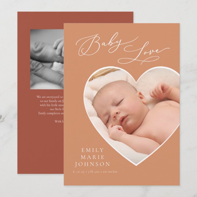 Baby Love Coral Heart Photo Birth Announcement (Front/Back)