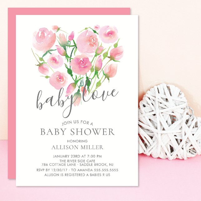 Baby Love Floral Heart Girl Baby Shower Invitation (Creator Uploaded)