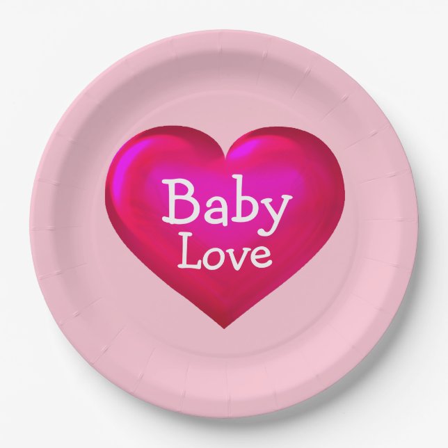 Baby Love Hot Pink Heart  Paper Plate (Front)