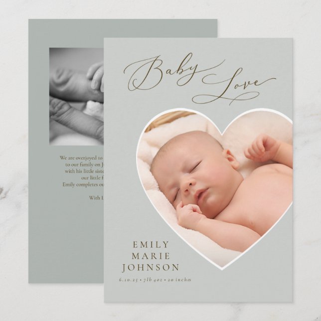 Baby Love Neutral Heart Photo Birth Announcement (Front/Back)