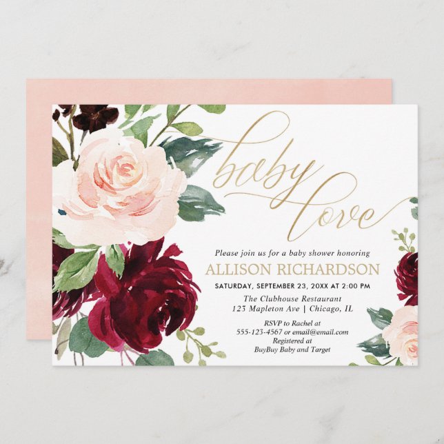 Baby Love pink gold burgundy floral girl shower Invitation (Front/Back)