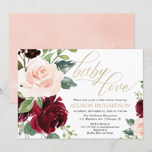 Baby Love pink gold burgundy floral girl shower Invitation