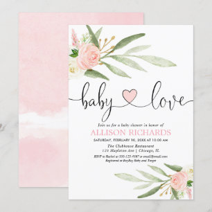 Baby love pink gold heart greenery girl shower invitation