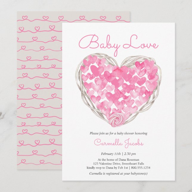 Baby Love Pink Hearts Rustic Girl Baby Shower Invitation (Front/Back)