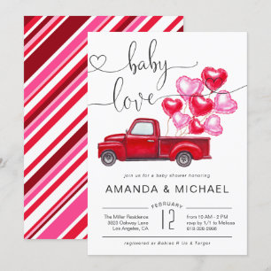 Baby Love   Red Truck Heart Balloons Baby Shower Invitation