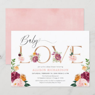 Baby love rose gold burgundy blush girl shower invitation
