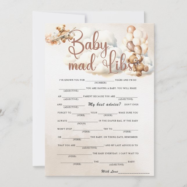 BABY MAD LIBS Baby Shower Game Cute Bear Invitation (Front)