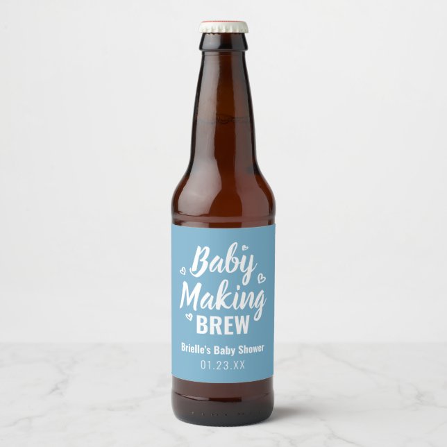 Baby Making Brew Funny Shower Thank You Blue Beer Bottle Label (Front)