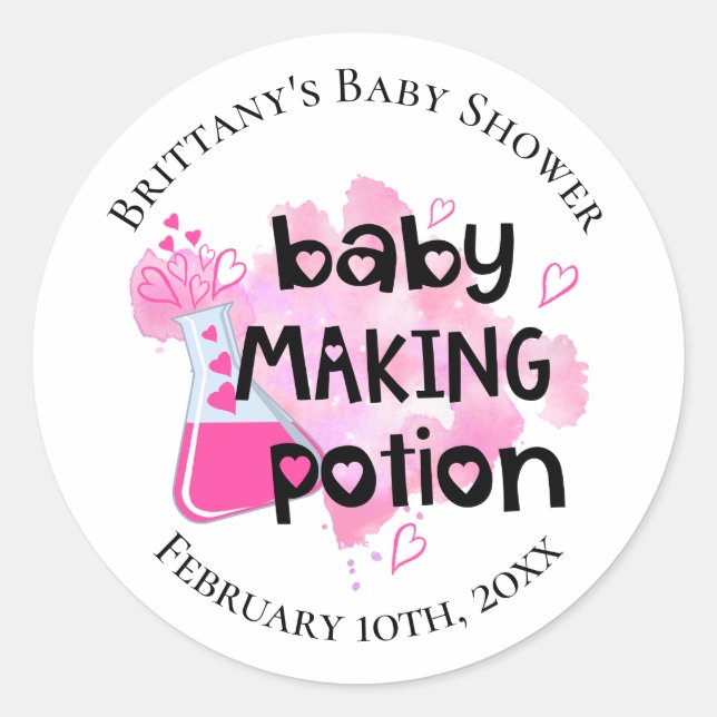 Baby Making Potion Pink Hearts Baby Shower Favour Classic Round Sticker (Front)