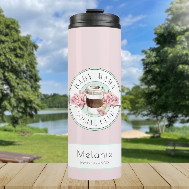 Baby Mama Social Club Pink Aqua  Thermal Tumbler (Baby Mama Social Club Pink Thermal Tumbler travel mug for new mom)