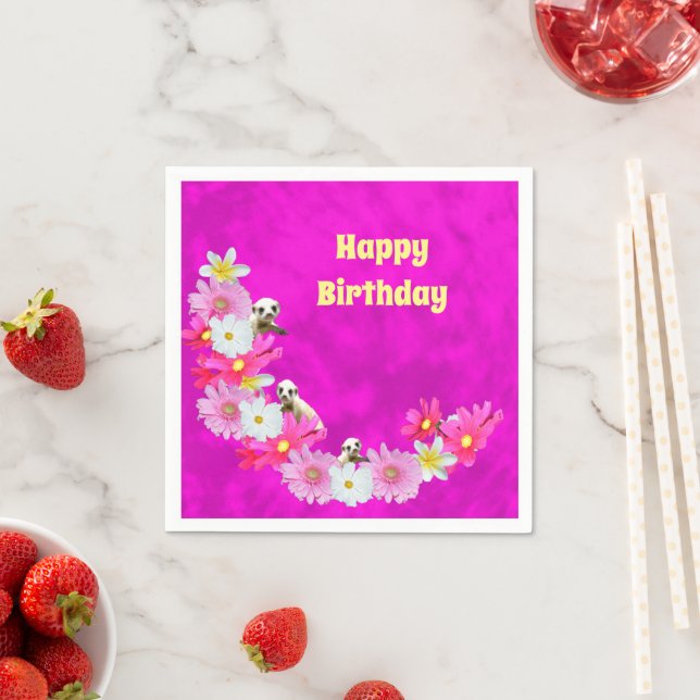 Baby Meerkat And Flowers, Birthday Paper Napkins (Insitu)