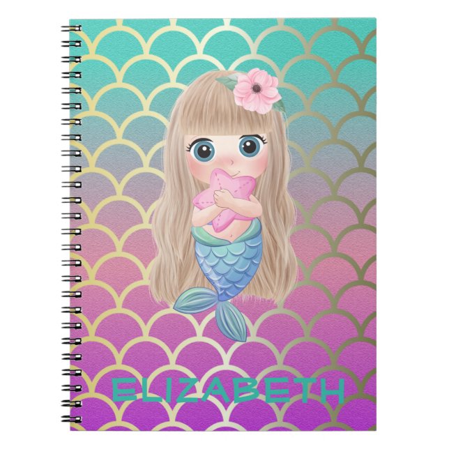 Baby Mermaid On Mermaid Tail Scales Notebook (Front)