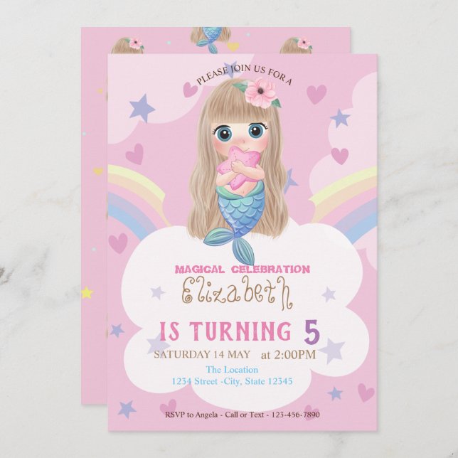 Baby Mermaid Stars Rainbow Birthday Invitation (Front/Back)