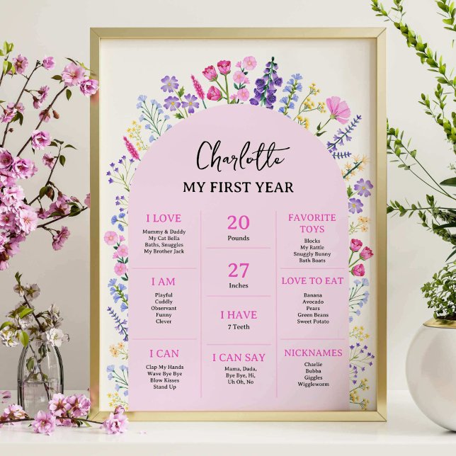 Baby Milestone Board Wildflowers Girl 1st Birthday Poster (Baby Milestone Board Wildflowers Girl 1st Birthday Poster)