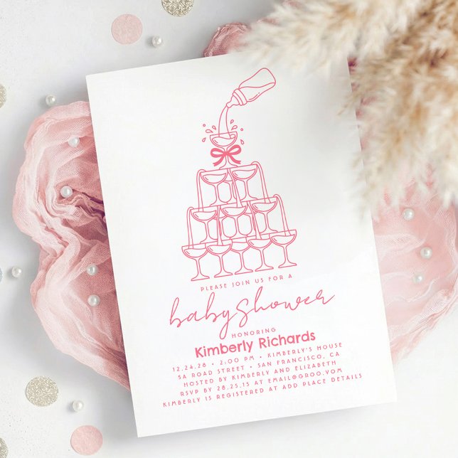Baby Milk Bottle Champagne Tower Funny Baby Shower Invitation (Funny Hand Drawn Whimsical Pink Baby Shower Invitation Champagne Milk Tower)