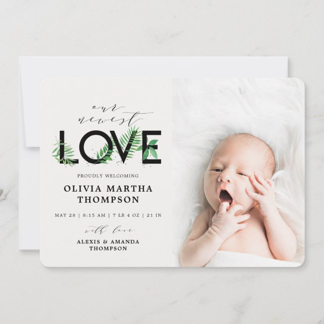 Baby Modern Tropical Greenery Photo Birth Announcement (Front)