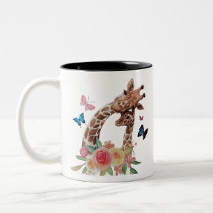 Baby & Mom Giraffe With Butterflies Two-Tone Coffee Mug