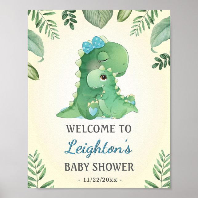 Baby Momma Dinosaurs Blue Baby Boy Shower Welcome Poster (Front)