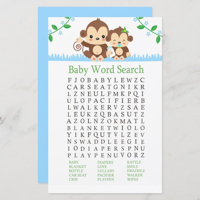 Baby Monkey Baby Shower Word Search Game (Front/Back)