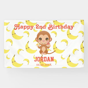 Baby Monkey Banana Pattern Birthday Party  Banner