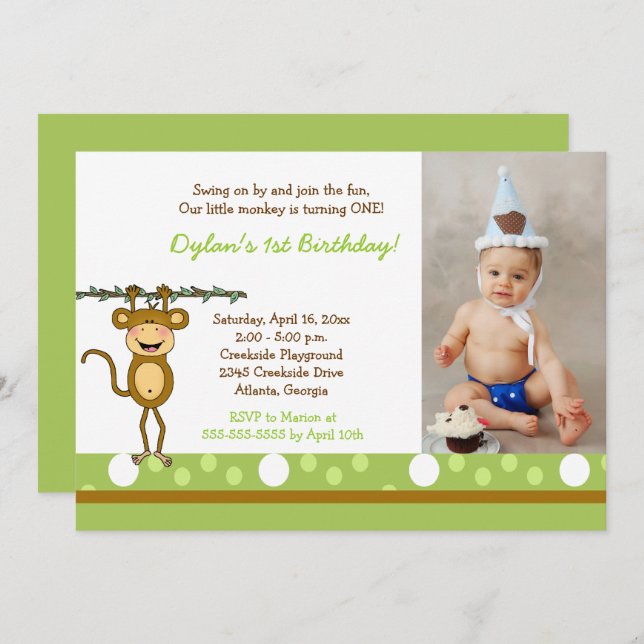 Baby Monkey Boys Photo Birthday Invitations (Front/Back)