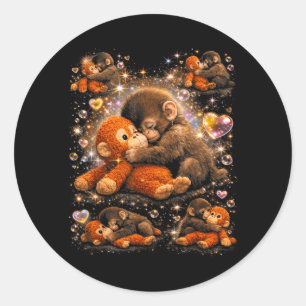 Baby Monkey Cute Punch Hugging Plush Classic Round Sticker
