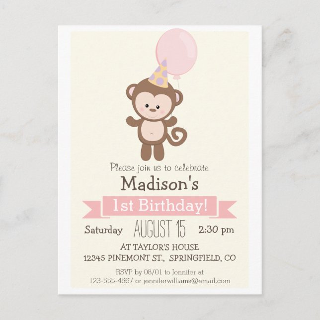 Baby Monkey Girl's Birthday Party Invitation (Front)