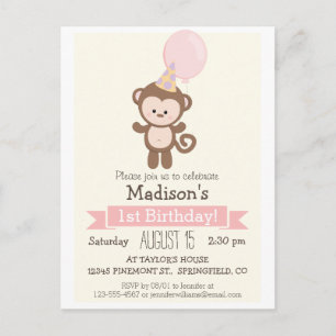 Baby Monkey Girl's Birthday Party Invitation Postcard