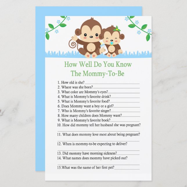 Baby Monkey How well do you know baby shower game (Front/Back)