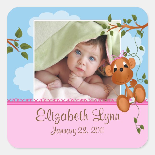 Baby Monkey Photo Birth Announcement Sticker (Front)