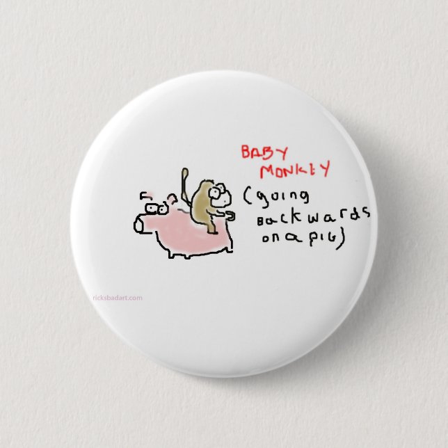 Baby Monkey (riding backwards on a pig) 6 Cm Round Badge (Front)