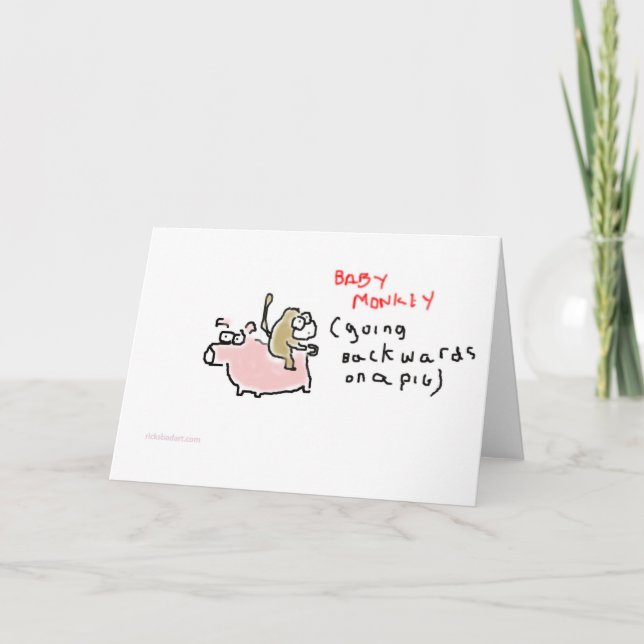Baby Monkey (riding backwards on a pig) Card (Front)