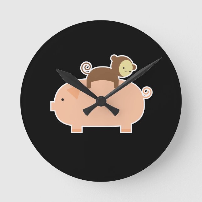 Baby Monkey Riding Backwards on a Pig Round Clock (Front)