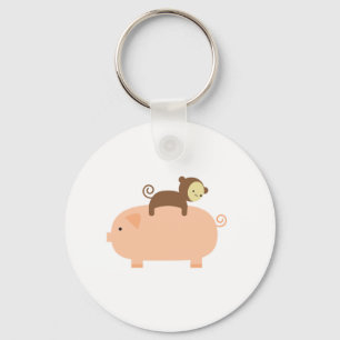 Baby Monkey Riding on a Pig Key Ring