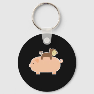 Baby Monkey Riding on a Pig Key Ring