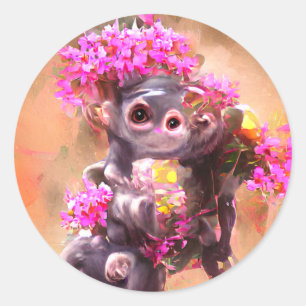 Baby Monkey with Flowers Classic Round Sticker