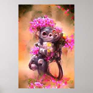 Baby Monkey with Flowers Poster