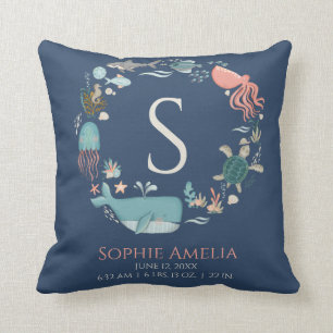 Baby Monogram Birth Stats Blue Under the Sea Cushion