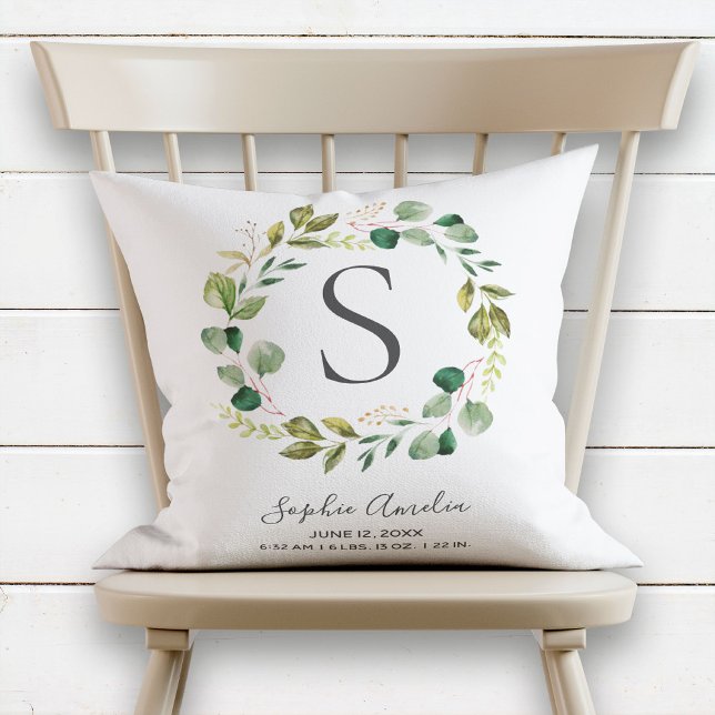 Baby Monogram Birth Stats Eucalyptus Leafy Wreath Cushion (Creator Uploaded)