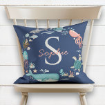 Baby Monogram Blue Under the Sea Octopus Cushion<br><div class="desc">A modern child's monogram baby name pillow. This blue Under the Sea ocean animal design features a 'wreath' of hand painted watercolor sea animals, such as octopus, whale, jellyfish, and shells, seaweed and fish. This motif surrounds the elegant baby monogram initial, and is the same on front and back. Thank...</div>